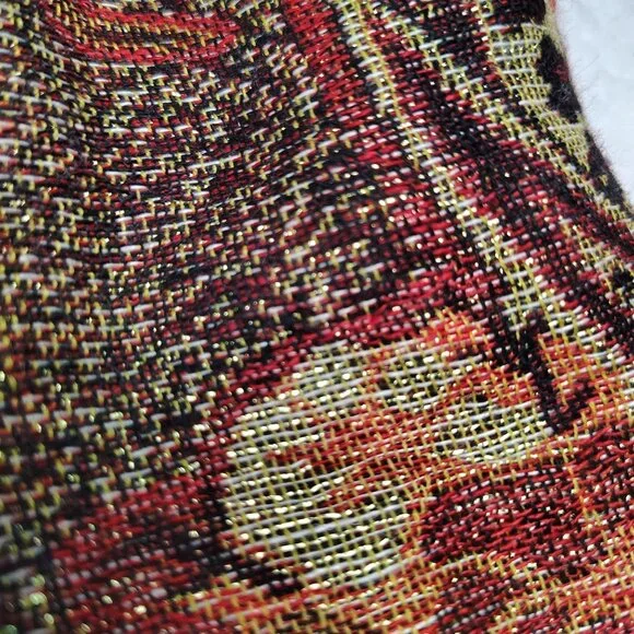 100% Pashmina Shawl 67.5 x 27 Red Orange Gold Shimmer Jacquard Paisley Fringe - Picture 8 of 12